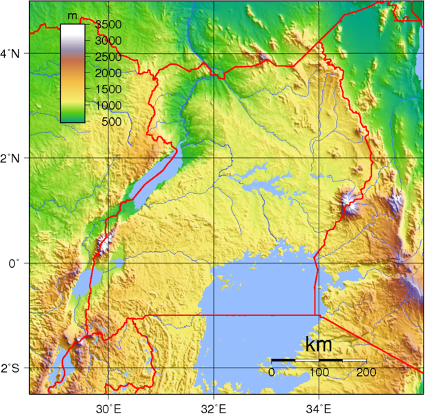 Uganda, Karte, Topographie, Relief